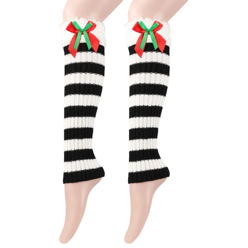 New Autumn-winter Plush Christmas Stocking, Plush and Warm Leg Protection Sleeves, Knitted with Bows, Socks