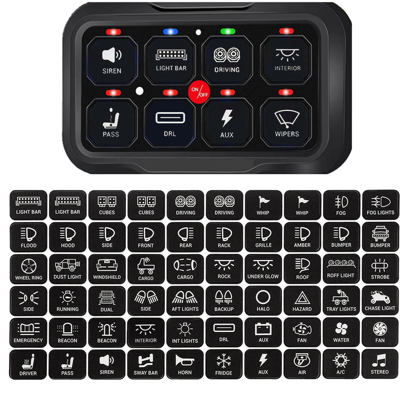 

4WD RV Marine Switch Stickers Black Icons 120 Labels Waterproof for Car Boat Camper Van Automatic Dimmable Touch Panel Decals