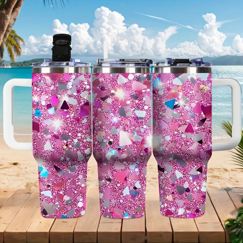 1pc 304 Stainless Steel Summer Cold Cup, 40oz Second-generation Handle 3rd-generation Lock Cover, with Straw and Lid, Pink as the Main Color, Embellished with Colorful Sequins, Decorative Pattern with Sparkling Effect, Pink Base