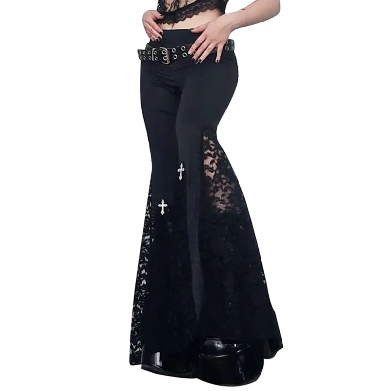 Solid Lace Patchwork Flared Bottom Trousers Gothic Black Flared Pants Breathable Stretch Flared Bottom Punk Pants