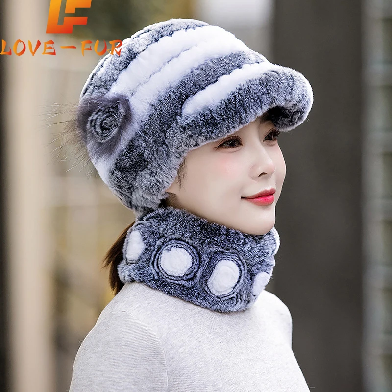 

New Women Winter Knit Real Rex Rabbit Fur Hat Scarf Sets Natural Warm Fur Cap Scarves 2 Pieces Girl Quality Real Fur Hat Muffler