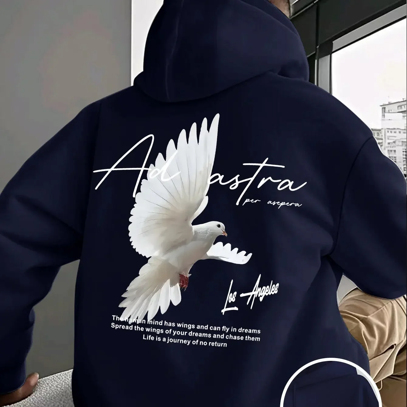 Men Back‑print Flying White Pigeon Ad Astra Letter Graphic Hoodie Loose Unisex Casual Black Hooded Sweatshirt