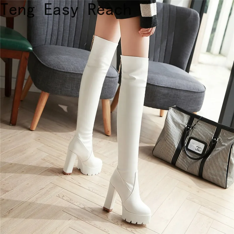 Platform Square Heel Women Over The Knee Boots Fashion Zipper Women Long Boots PU Leather 2024 Winter Boots Black White 34-43