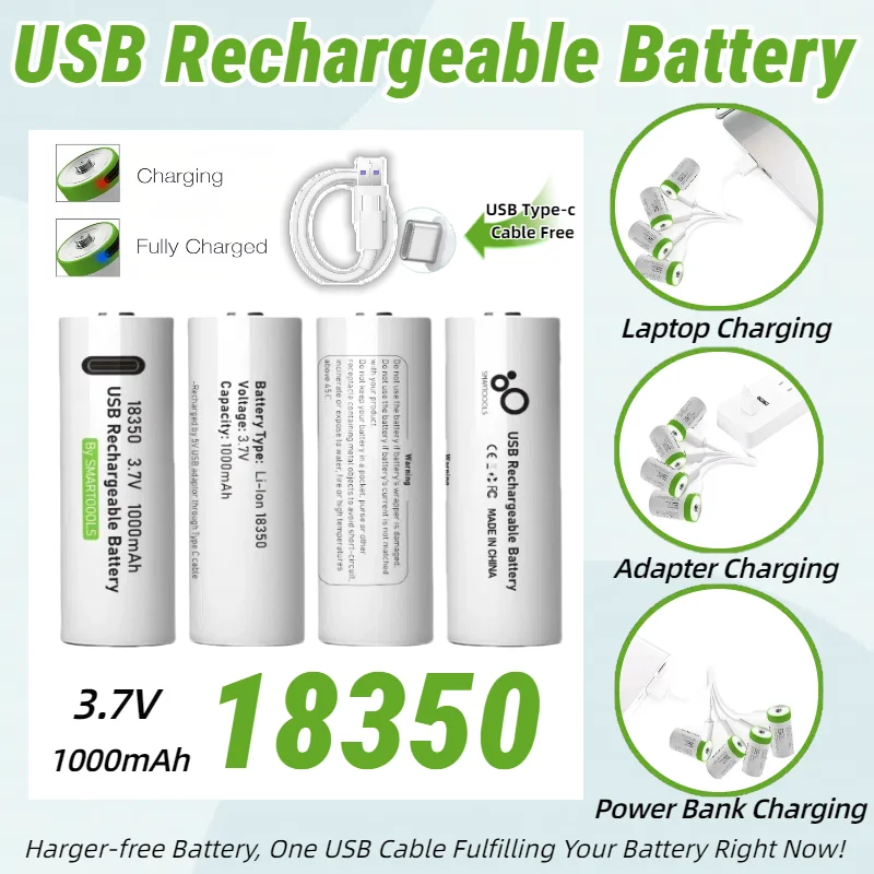 

3.7V 18350 Rechargeable Battery 1000mAh 3-in-1 Gimbal Stabilizer for LED Flashlight & Hair Trimmer, Type-C Charging