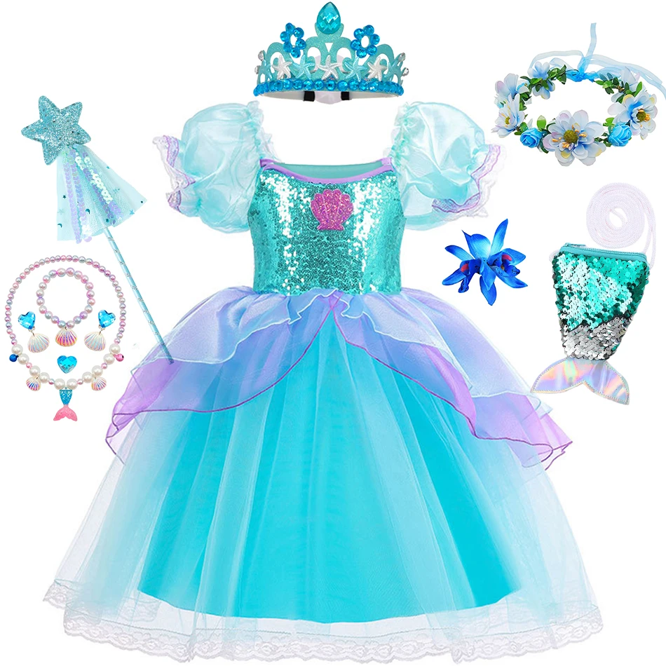 Vestido de sirena para niña pequeña, disfraz de princesa para fiesta de cumpleaños, Ariel, ropa de fantasía de Halloween, vestido elegante de verano