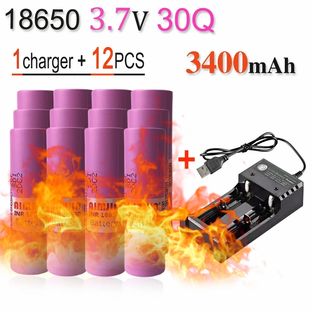 

3.7V 3000mAh 18650 30Q Rechargeable Li-ion Battery With USB Charger For Flashlight Toys Tools