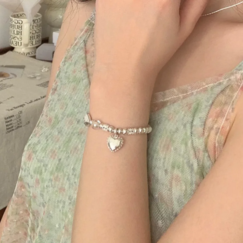 BFCLUB S925 Sterling Silver Bracelets for Women Retro Cute Heart Accessories Trend Vintage Simple Pendant Party Jelwery view 5