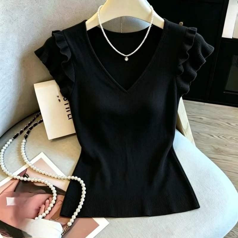 Knit T Shirt For Women Ruffles Solid Flying Sleeve Solid Versatile Ropa De Mujer Korean Fashion Spring Summer Elegant Short Tees