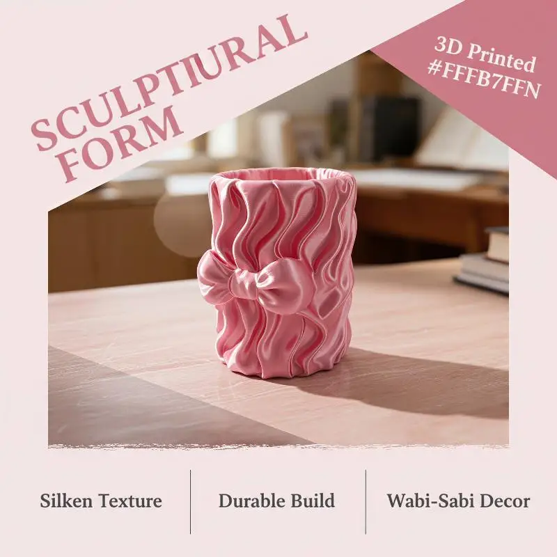 3D Printed Wavy Pen Holder with Cute Bow - Aesthetic Large Capacity Pencil Cup & Stationery Organizer for School & Desk Decor