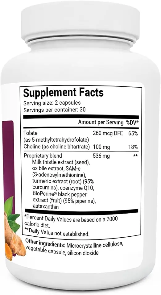 Liver cleansing and detoxification capsule, containing milk thistle, cow bile and folic acid, turmeric, black pepper and choline