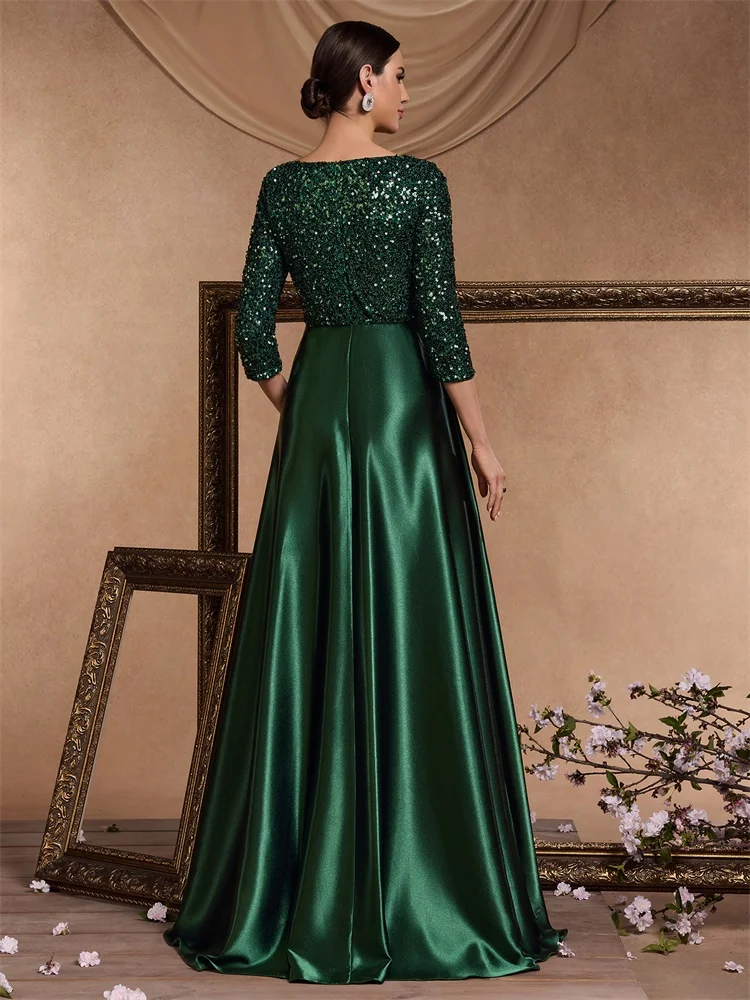 Lucyinlove-vestido de noche de manga corta con lentejuelas para mujer, elegante vestido verde de satén para fiesta de graduación, largo hasta el