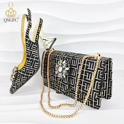 QSGFC Italian Design Embossed Style Big Diamond Decoration Classic Black Color Women Shoes and Bag Set