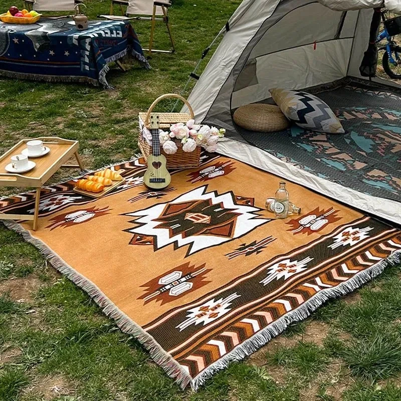 

Хлопковое многофункциональное вязаное одеяло для дивана, уличный коврик для кемпинга и пикника, жаккардовый гобелен с кисточками, стильная скатерть в стиле Ins