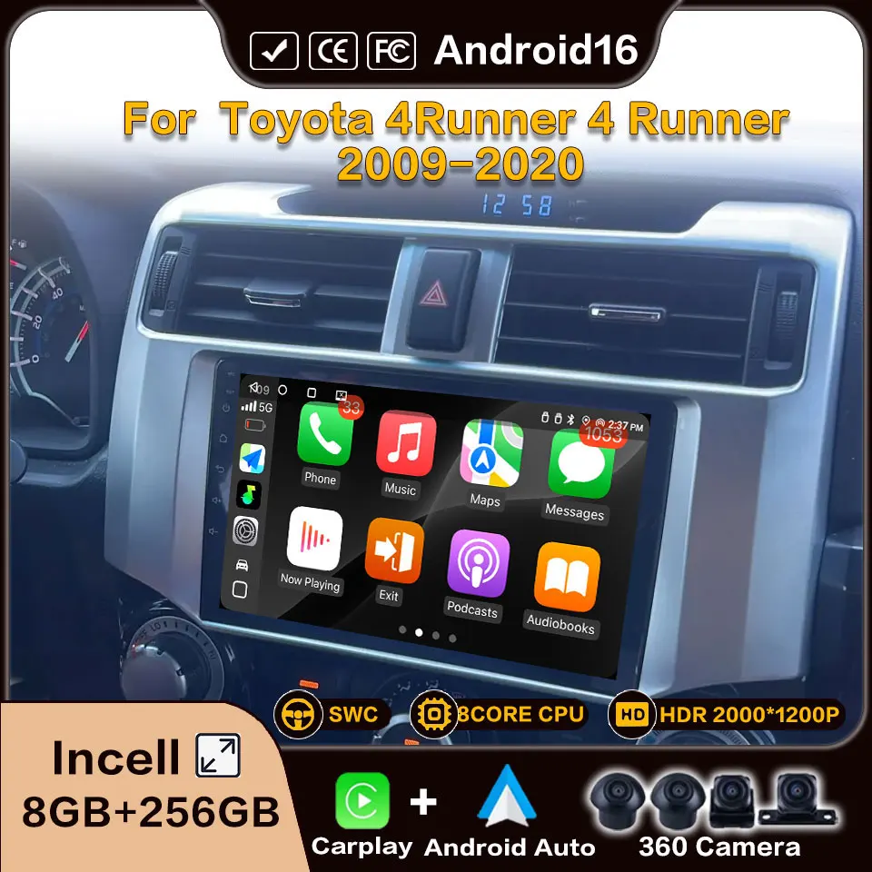 Android 16 For Toyota 4 Runner 5 N280 2009 - 2020 Carplay Android Auto Wireless Multimedia Player 8Core Wifi Gps Automotive Car
