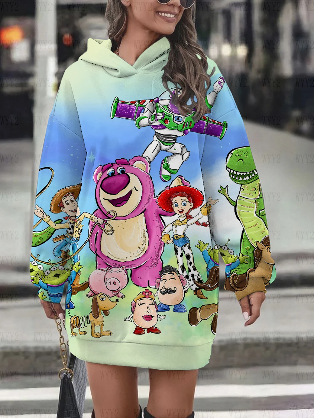 New Disney cartoon pattern series printed fashionable women 2024 loose hooded skirt dress retro hoodie