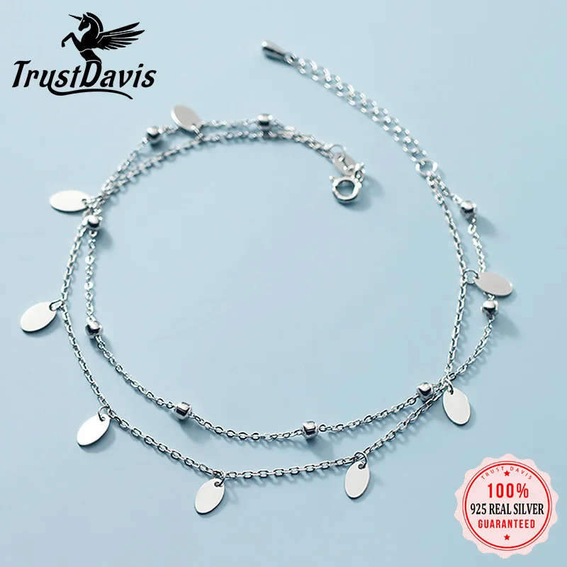 

TrustDavis Genuine 925 Sterling Silver Double Layer Beads Chain Elliptical Slices Anklets For Women S925 Birthday Present DA1533