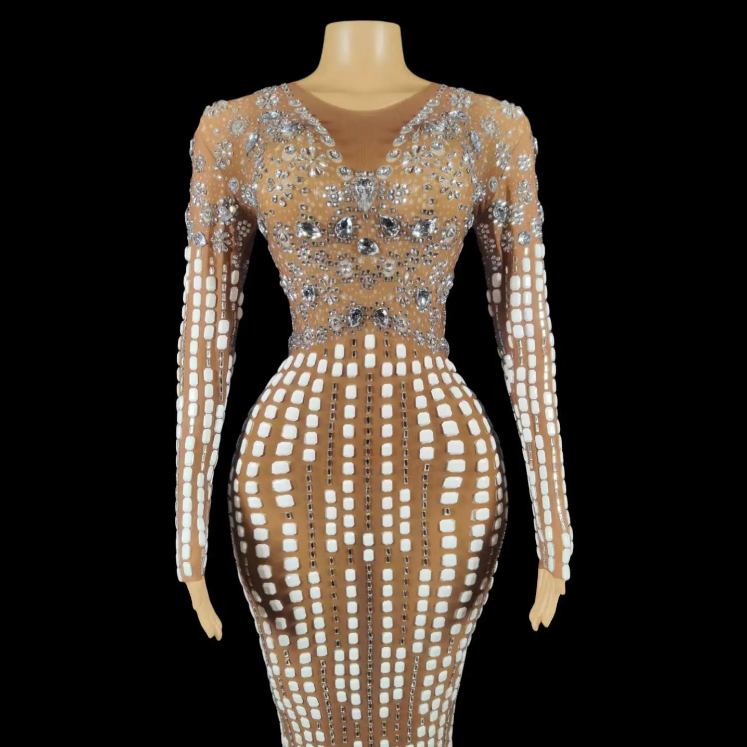 Vestido largo de lentejuelas brillantes con diamantes de imitación blancos para mujer, vestido transparente para boda, fiesta de cumpleaños, celebración, espectáculo de cantante, vestido de noche