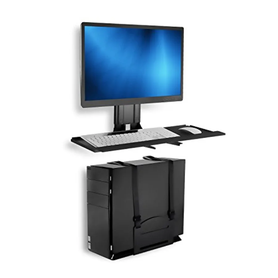 Office monitor and keyboard wall mount with CPU holder, aluminum alloy, black, height adjustable VESA tray and 25-inch platform