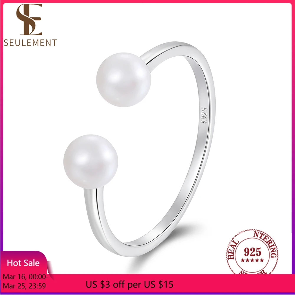 

Seulement S925 Sterling Silver Open Ring with Two Round White Freshwater Pearls Minimalist Finger Ring for Women Adjustable Size