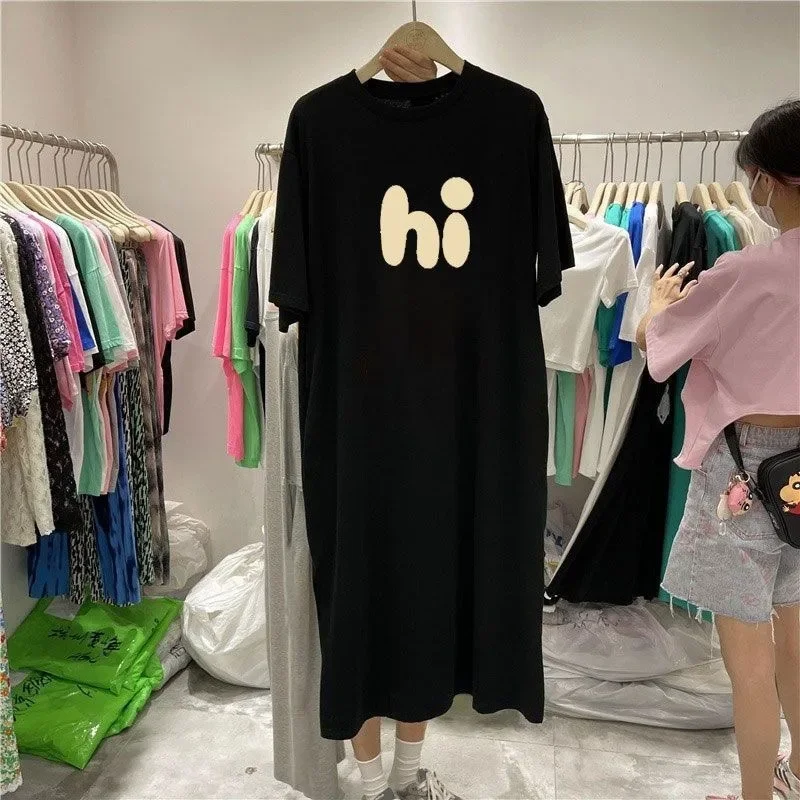 New Women Hi Letter Printed Dresses Loose Casual Oversize Short Sleeve T-shirts Dresses O Neck Krean Fashion Dresses Nightdress