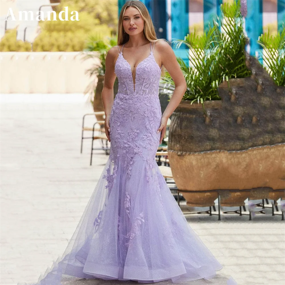 

Amanda Lavender Mermaid Vestidos De Noche V-neck Embroid Spaghetti Strap Prom Dress 2023 Sweet Lace Fishtail فساتين مناسبة رسمية