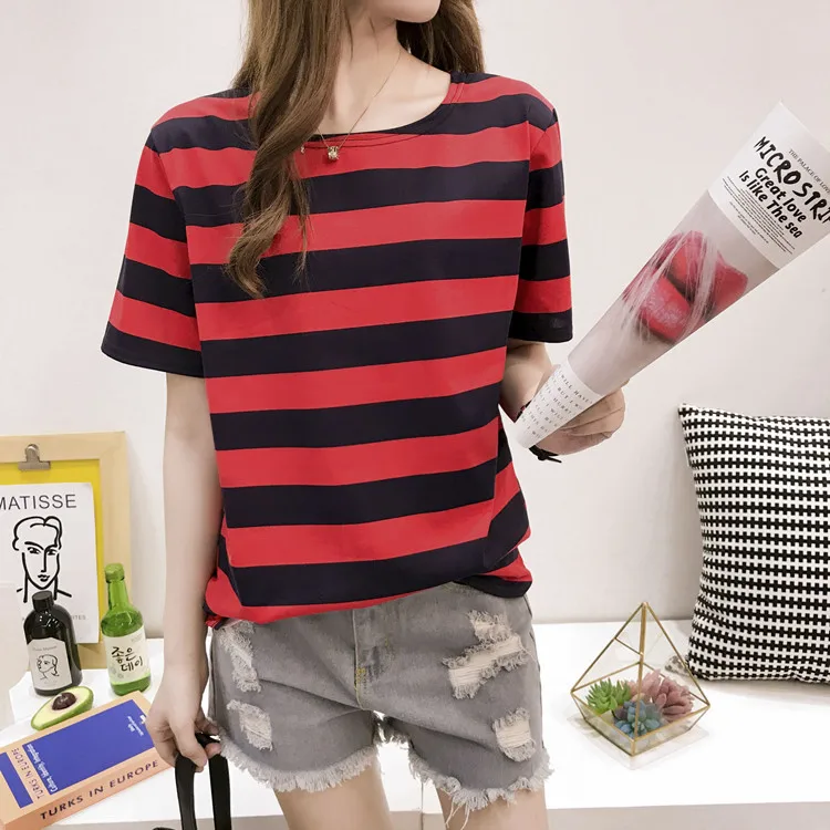 Damen Sommer-Tops T-Shirt Gestreifte Shirts Gestreifte Tees Vintage Heiße Kurzarm-T-Shirts in Übergrößen Lockere Freizeit-Tees – Detail 8
