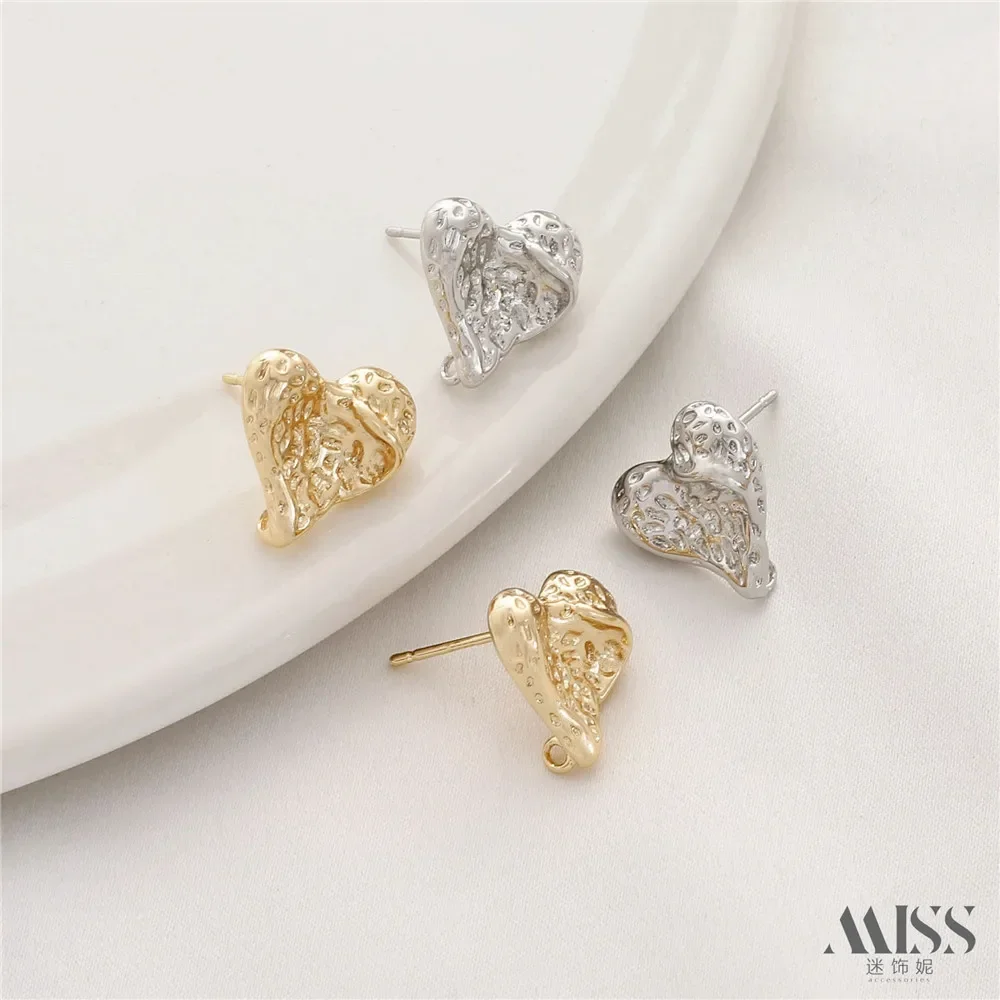14K Gold-wrapped Pit Point Love S925 Silver Needle Stud Earrings DIY Handmade Lava Texture Earrings Ear Jewelry Accessories