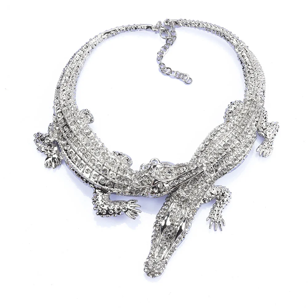 2024 New Fashion Double Large Crocodile Necklace Women Gold Silver Color Heavy Metal Statement Punk Choker Necklace Jewelry