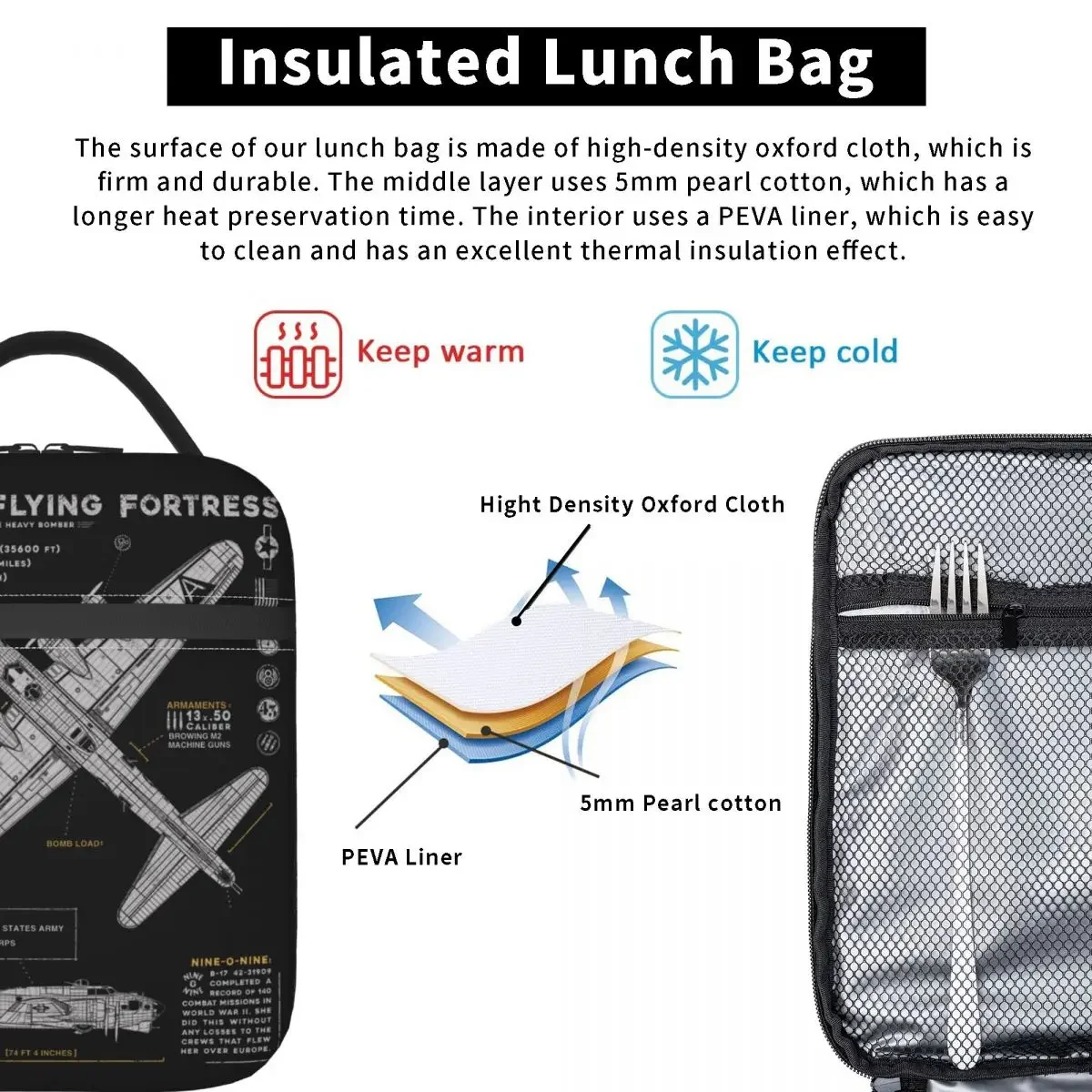 B-17 Fly Fortress Spitfire Insulated Lunch Bag Fighter Plane WW2 War Pilot Aircraft Airplane Portable Cooler Thermal Bento Box