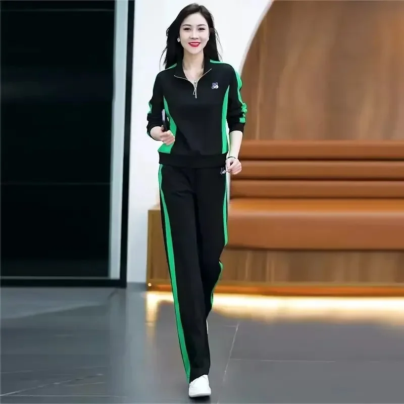 Wide-leg Pants Two-piece Casual Sports Suit 2025 New Fashion Foreign Look Thin Stand-up Neck Sweater Women's Spring and Autumn