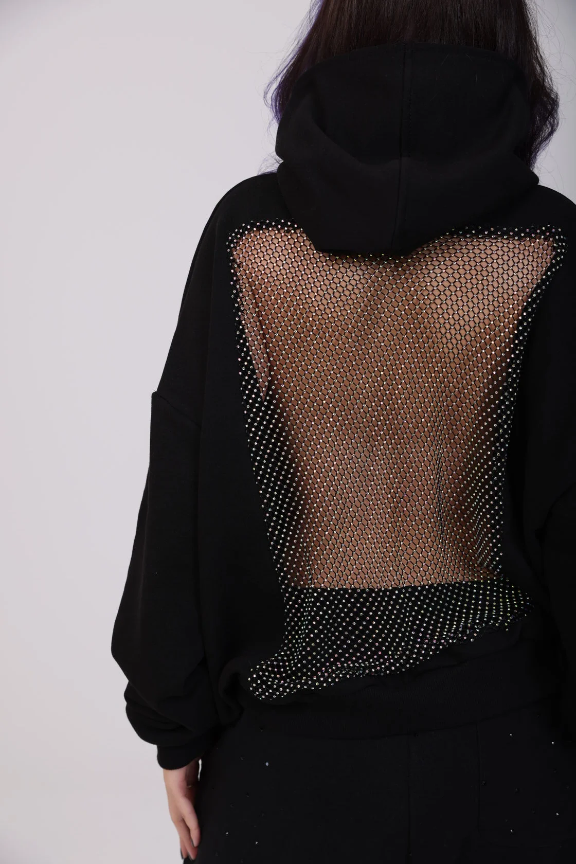 

Mesh Backless Women's Hooded Pullover Hoodie, Loose-fitting Turtleneck Sweater Comfortable and Fashionable Casual Streetwear Top