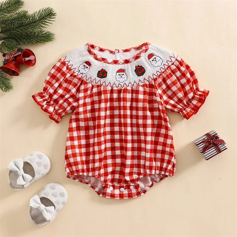 Baby Girls Christmas Romper, Short Sleeve Crew Neck Embroidery Plaid Infant Bodysuit Summer Clothes