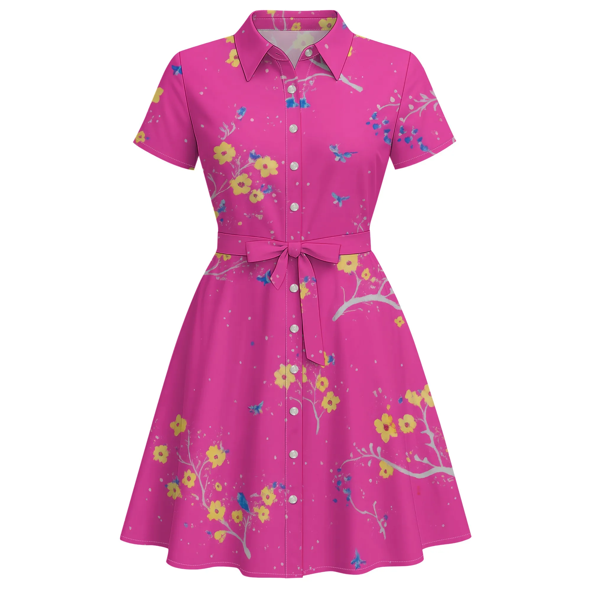 Abito estivo casual da donna elegante a maniche corte Moda mini abito estivo a vita alta con bottoni sul risvolto Abiti al ginocchio