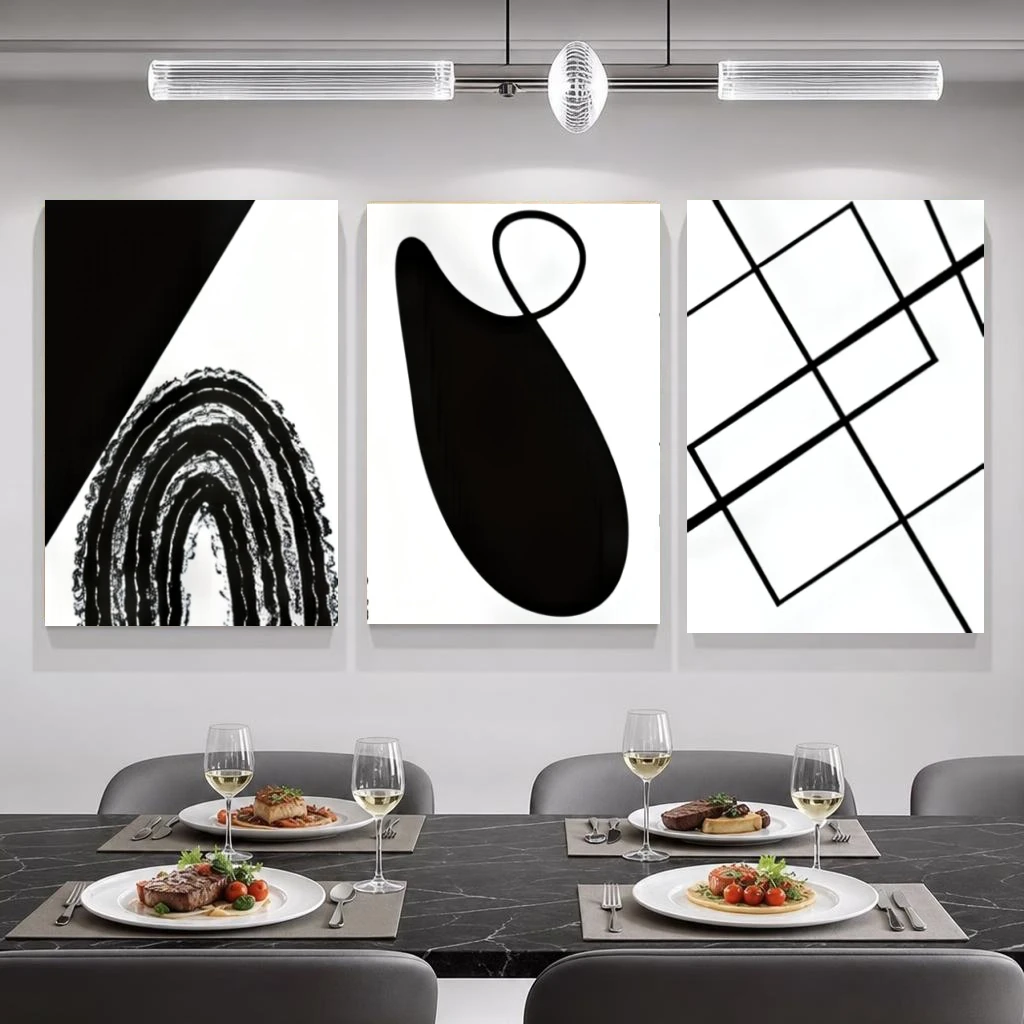 2D Flat, 2D Flat, 3pcs Modern Black White Abstract Wall Art, Frameless Print with Concentric Circles, Waterdrop Shapes And Gr