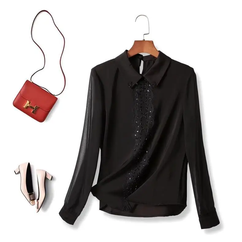 Camicia a maniche lunghe da donna primavera e autunno top in chiffon 2024 Camicia da donna nuova con versatile camicia con temperamento di copertura della pancia