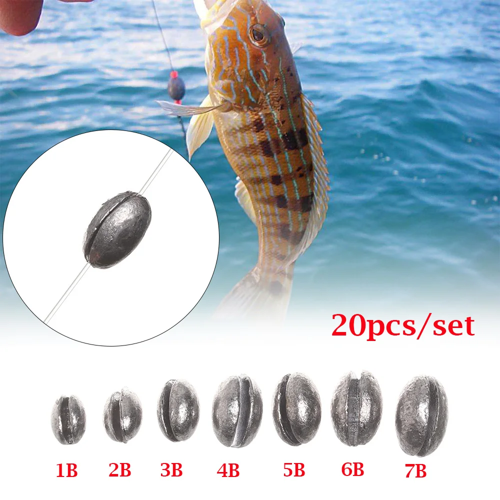 20PCS Premium Solid Oval Split Shot Lead Sinker Bean Shaped Weight Lead Line Sinkers Hook Connector Fishing Lure Accessory