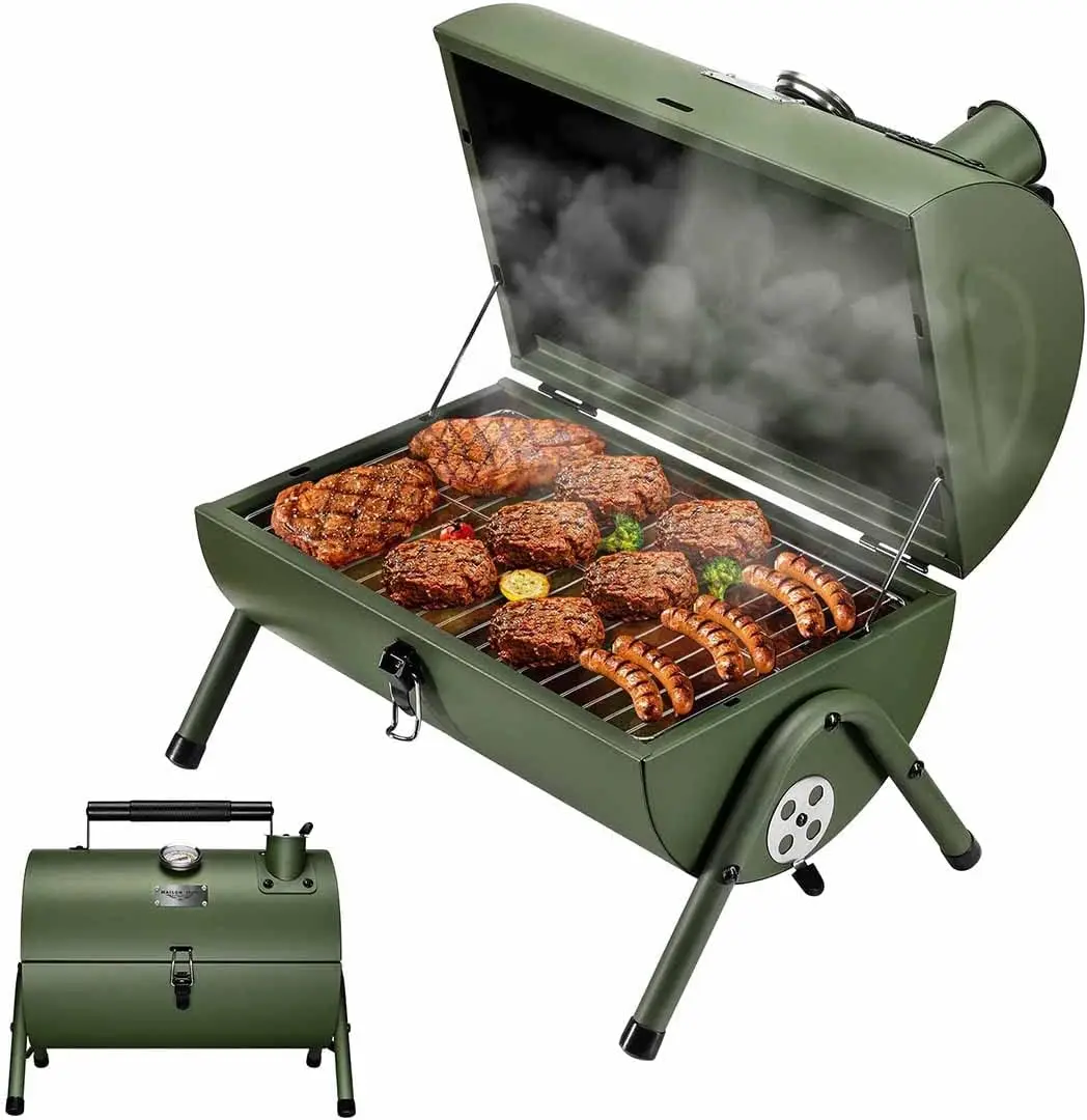 Adjustable Portable Charcoal Grill Multi-functional Metal Small BBQ Smoker for Outdoor Hiking Picnic(Green)