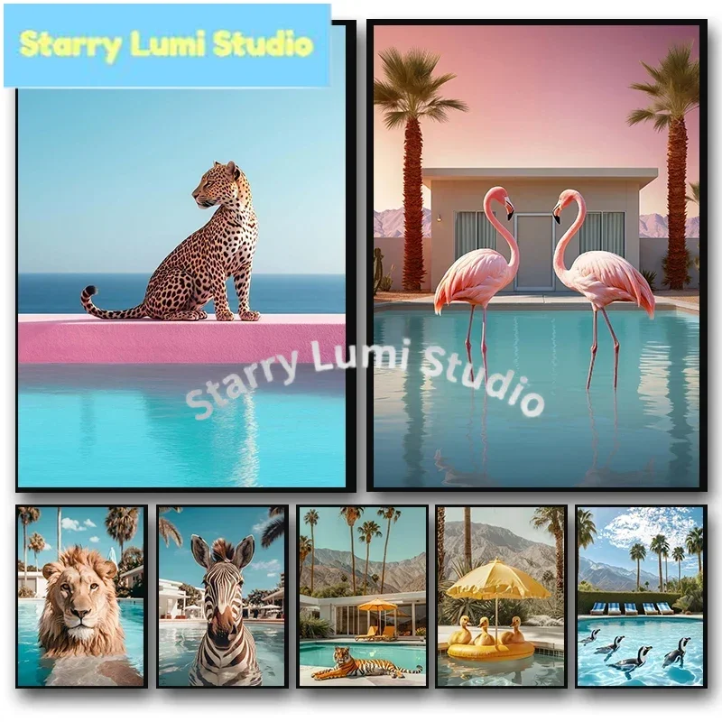 Leopard Penguins Zebra Flamingo Lion Pig in The Swimming Pool Poster Print Wall Art Picture Diamond Painting Room Home Decor Gif