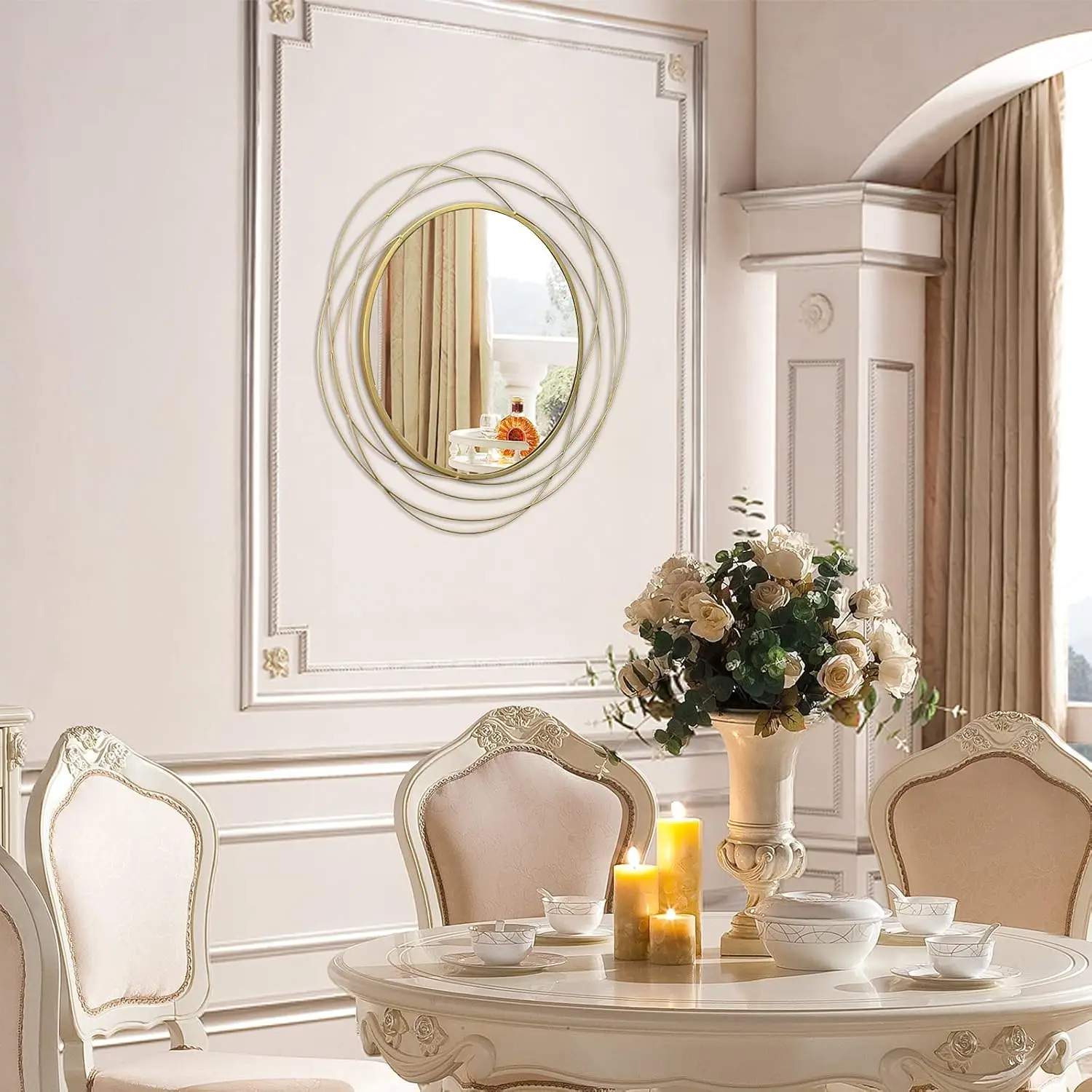 مرآة زخرفية دائرية، إطار معدني ذهبي بتصميم مداري، طراز عصري معاصر، مرايا دائرية لتزيين الحمام #6