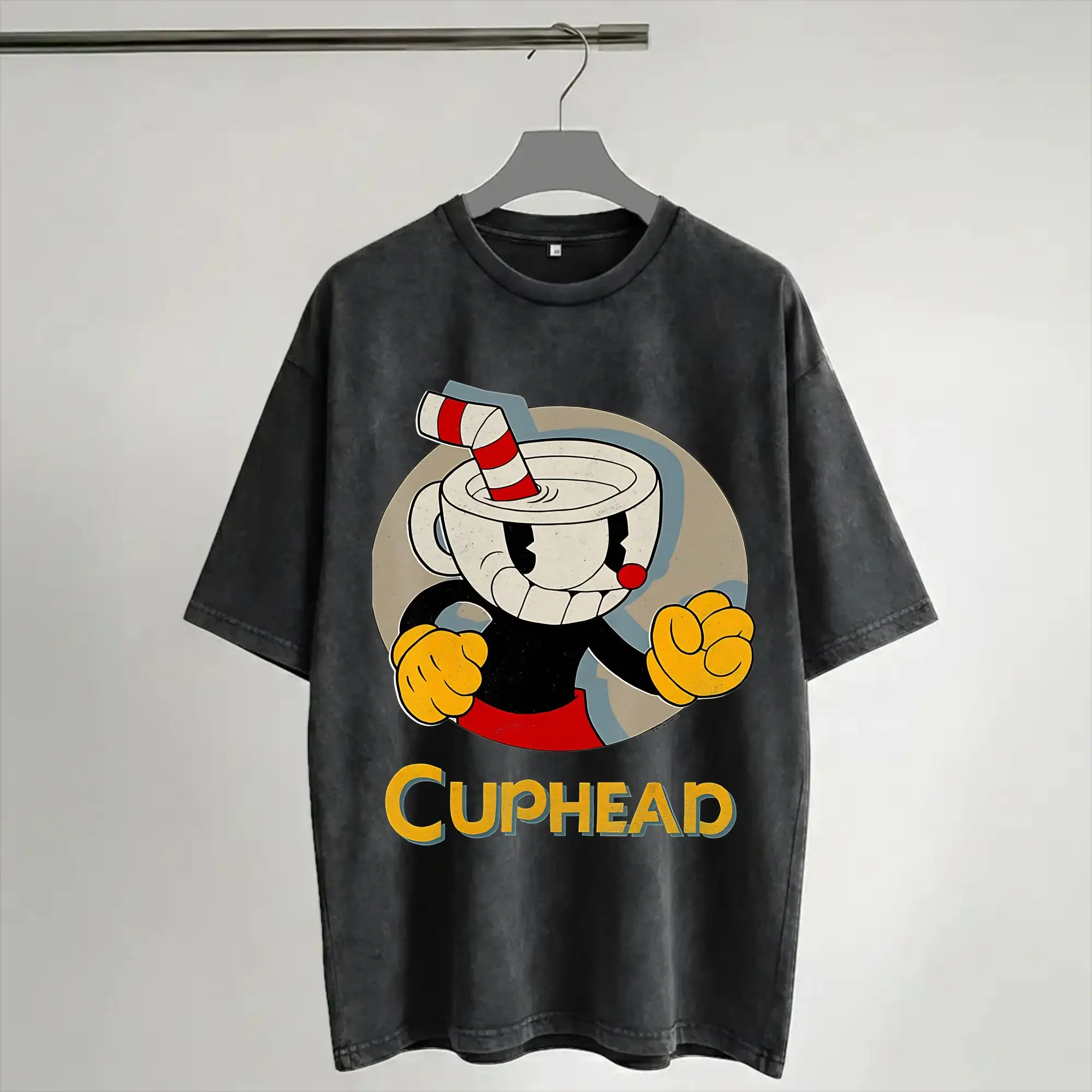 Cuphead and Mugman cup mug Accessories Washed T Shirt Men Women Streetwear Hip Hop T-Shirts Summer  Tees Short Sleeve