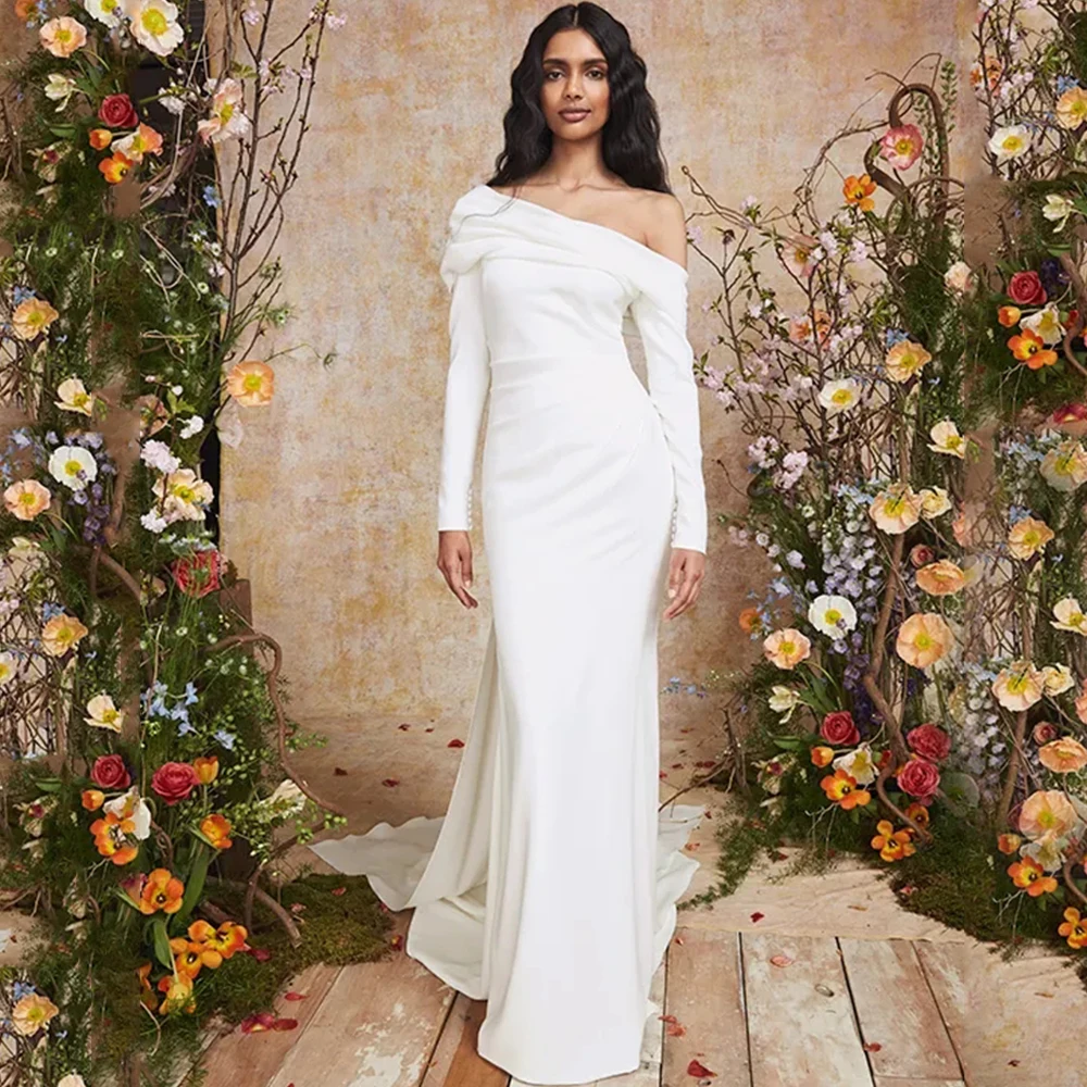 Elegant Off the Shoulder Long Sleeve Wedding Dress Jersey with Buttons Mermaid Floor Length Sexy Open Back Sweep Train Gowns