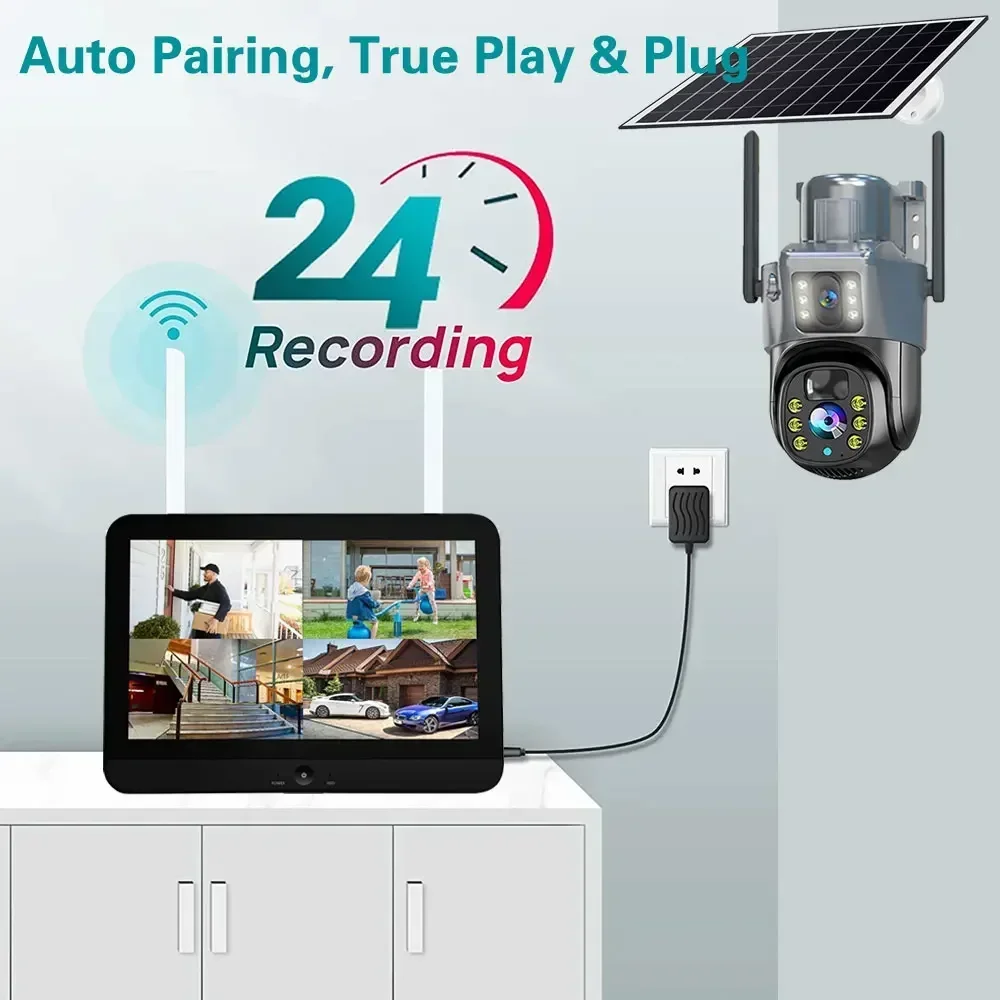 10CH 8MP WIFI Dual lens PTZ Solar Security System Outdoor Automatic Tracking Camera 12.5 "LCD Display WiFi NVR Waterproof Kit
