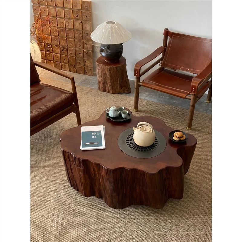 wabi-sandy wind special-shaped solid wood enclosure, tea table, round living room mobile coffee table, log stump balcony