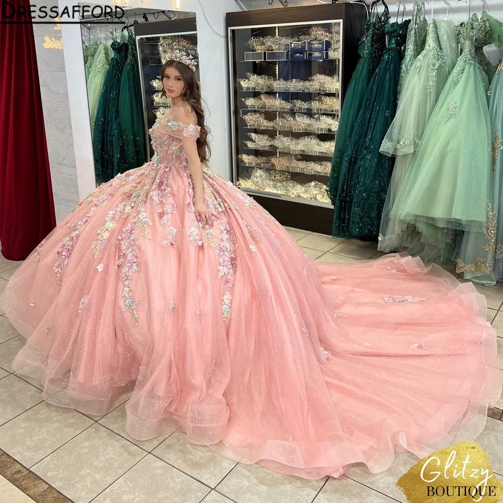 Luxury Gold Sparkles Off The Shoulder Pink Quinceanera Dress 2024 Ball Gown Charro Mexican Dress vestido de 15 quinceañera