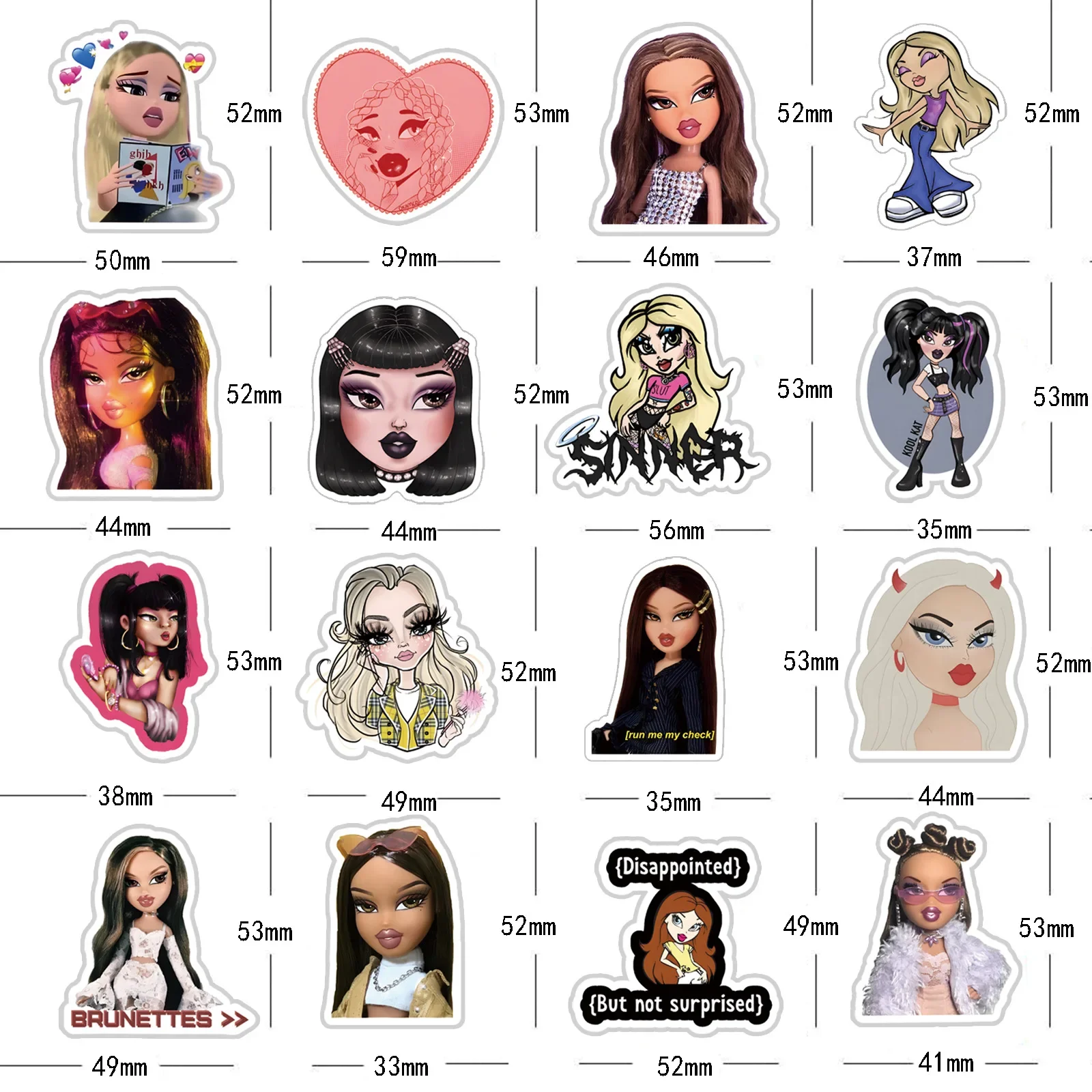 Desenhos animados Bratz Doll Graffiti Etiqueta, impermeável, DIY, telefone, notebook, 56 pcs, 63pcs