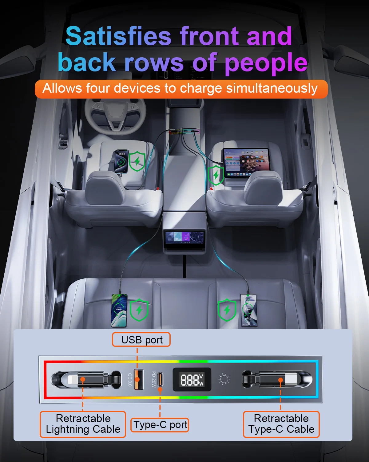 Eary USB Hub for Tesla Model 3 Y Highland Fast Charger Retractable Docking Station with RGB Lighting Fast Charging Data Cables