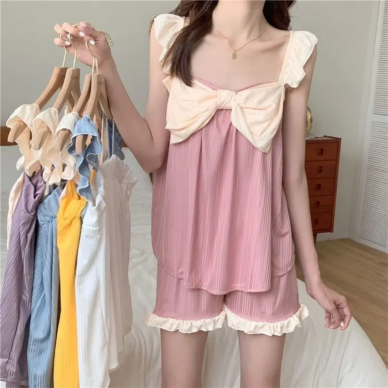 

Summer Sleepwear Ice Silk Women's Pajamas Set Solid Color Girl Home Suit with Shorts Cute Pijamas Casual Comfort Pyjamas 2PCS F5