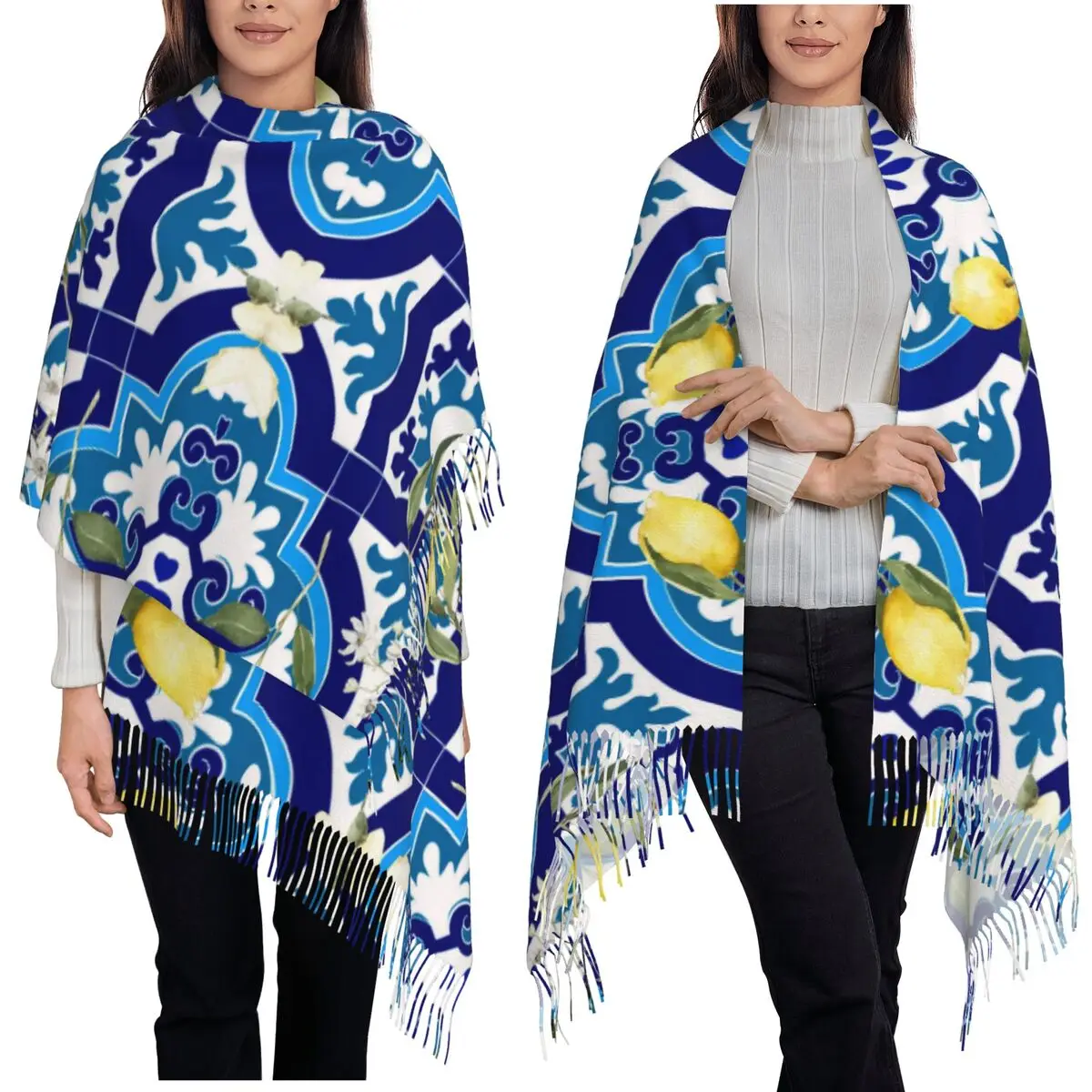 

Средиземноморские лимонные керамические плитки, летний шарф с фруктами цитрусовых, шарфы с кисточками для женщин, шали и накидка, длинная осенне-зимняя шаль, накидка