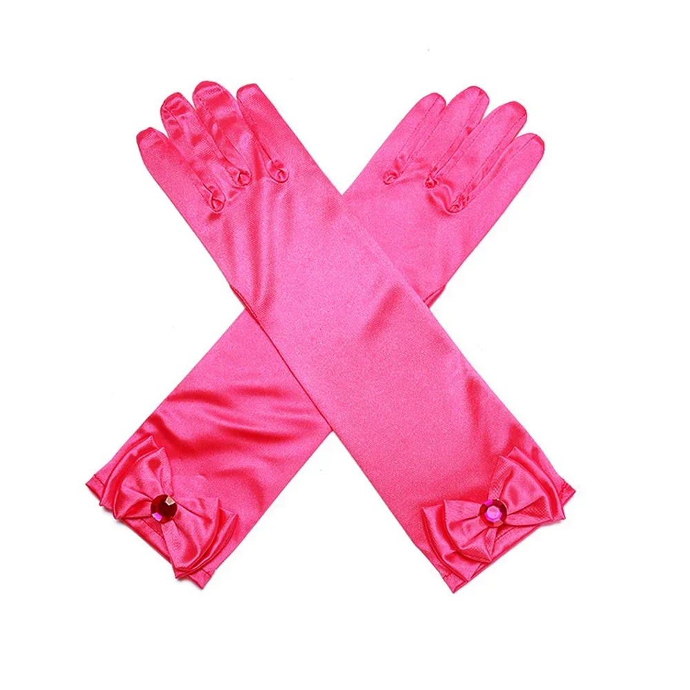 Kids Silk Bow Lace Gloves, Long Elbow, White, Pink, Yellow, Red, Children Princess Dance Performance, Stage Party, Solid Mittens