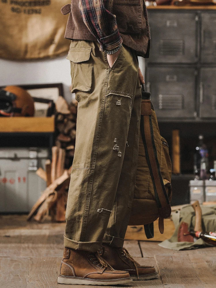 

Khaki Workwear Pants Men's High Street Trendy Brand Destroy Design Wide Leg Pants Loose Straight Casual Trousers for Men